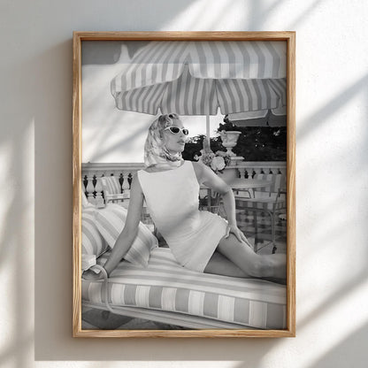 Riviera Poolside Striped Umbrella Poster | Black and White Photography Print | Vintage Summer Wall Art | Retro Coastal Decor