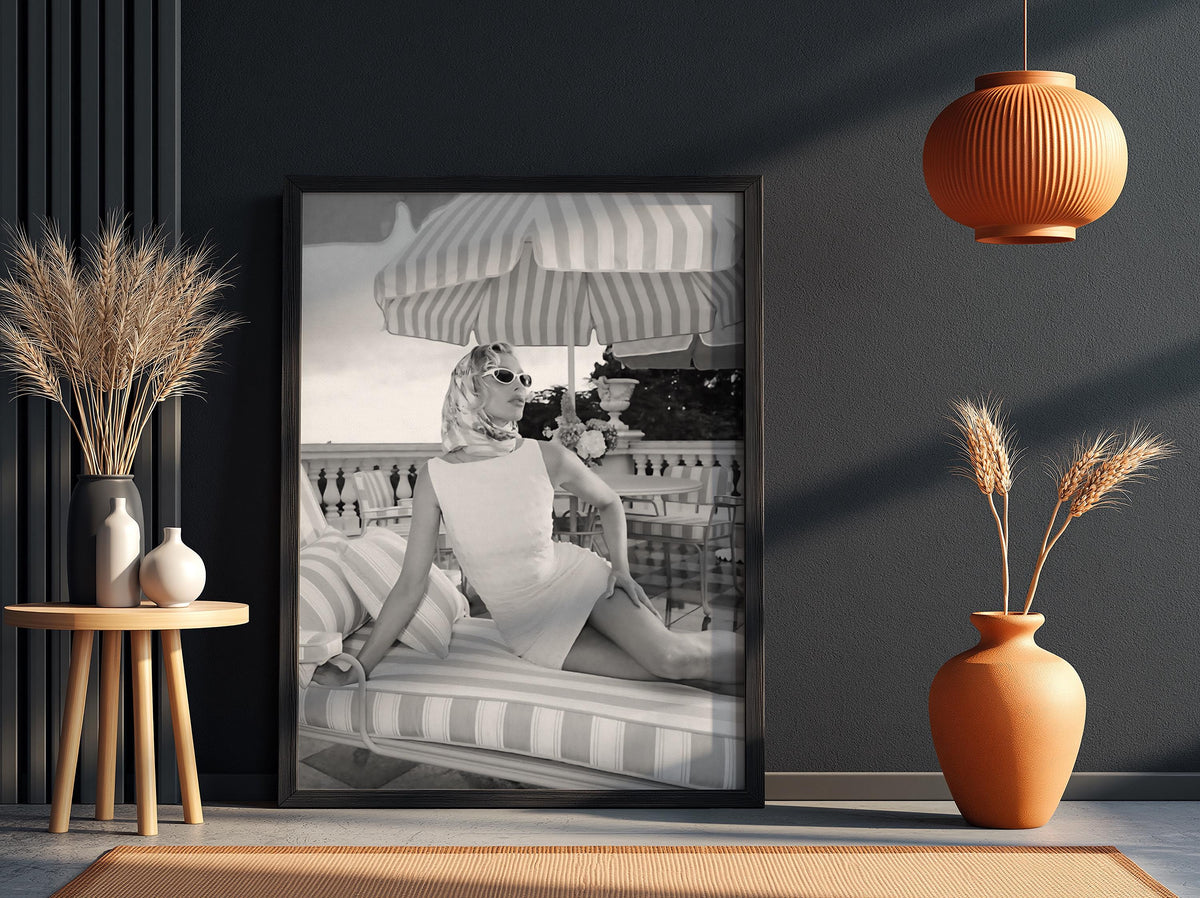Riviera Poolside Striped Umbrella Poster | Black and White Photography Print | Vintage Summer Wall Art | Retro Coastal Decor