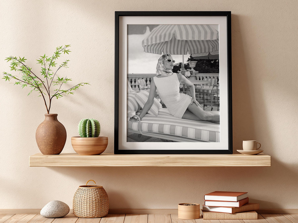 Riviera Poolside Striped Umbrella Poster | Black and White Photography Print | Vintage Summer Wall Art | Retro Coastal Decor