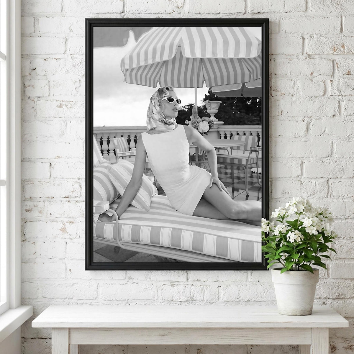 Riviera Poolside Striped Umbrella Poster | Black and White Photography Print | Vintage Summer Wall Art | Retro Coastal Decor