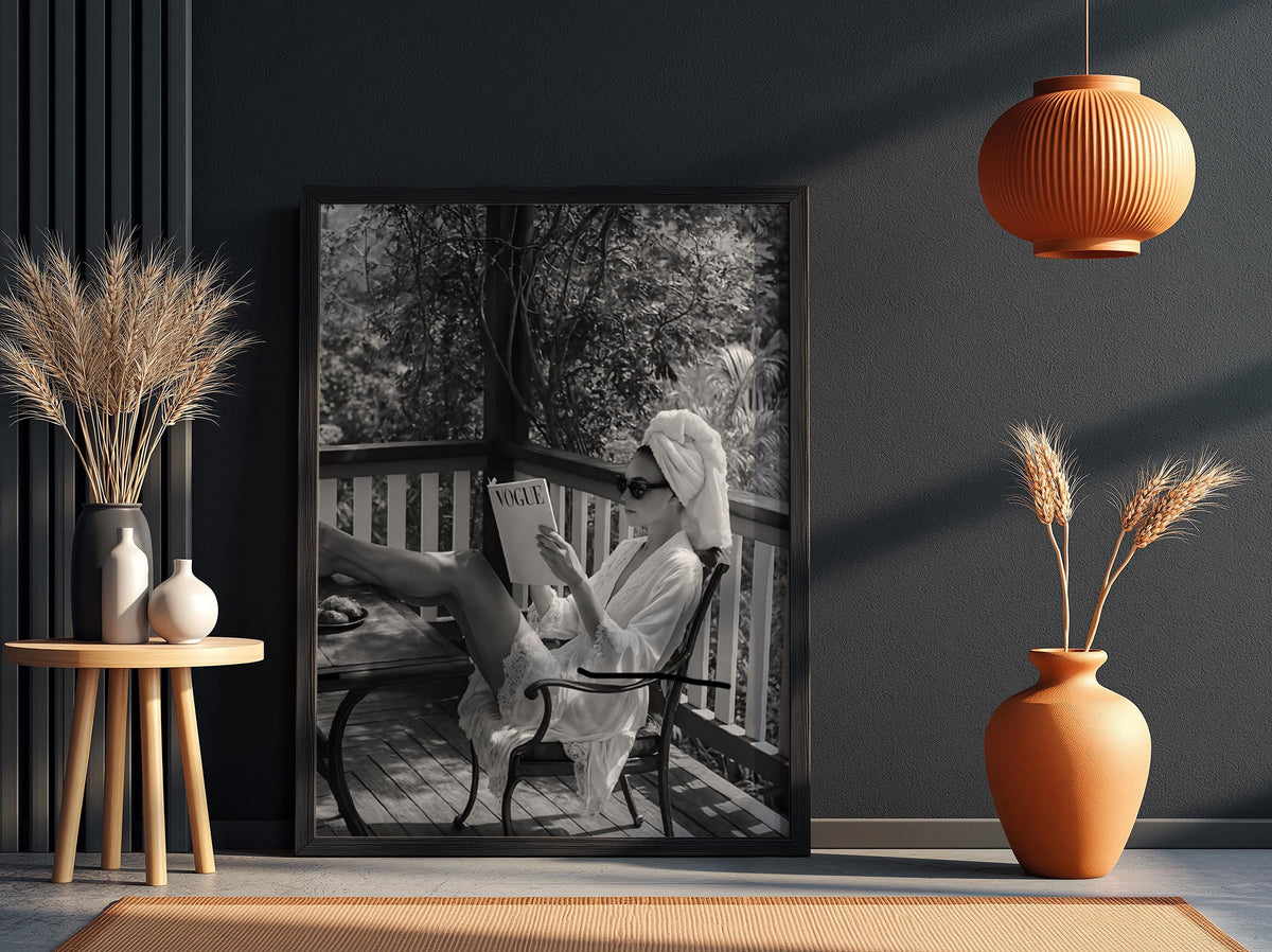 Woman Reading Magazine Poster | Black and White Photography Print | Vintage Fashion Wall Art | Retro Lifestyle Interior Decor
