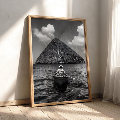 Rowboat Pyramid Rock Island Poster | Black and White Photography Print | Vintage Ocean Wall Art | Retro Adventure Travel Decor