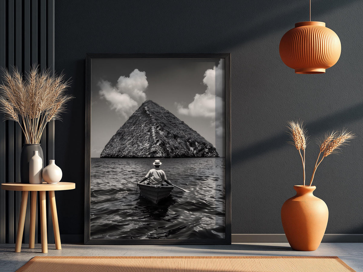Rowboat Pyramid Rock Island Poster | Black and White Photography Print | Vintage Ocean Wall Art | Retro Adventure Travel Decor