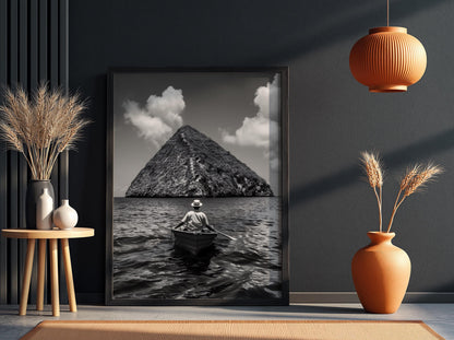 Rowboat Pyramid Rock Island Poster | Black and White Photography Print | Vintage Ocean Wall Art | Retro Adventure Travel Decor