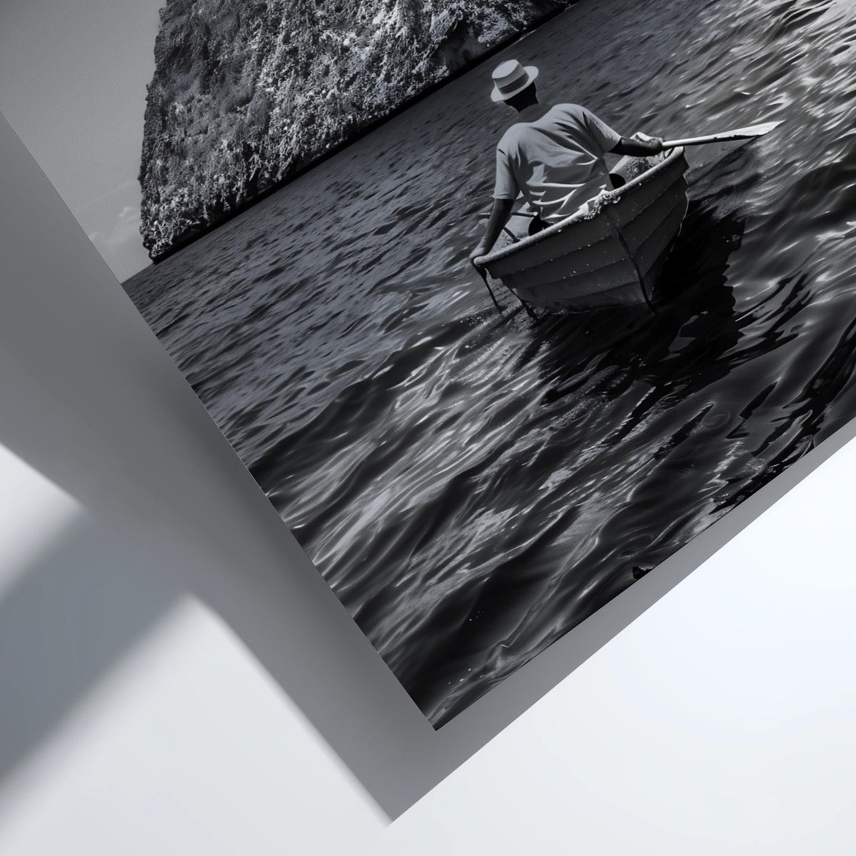 Rowboat Pyramid Rock Island Poster | Black and White Photography Print | Vintage Ocean Wall Art | Retro Adventure Travel Decor