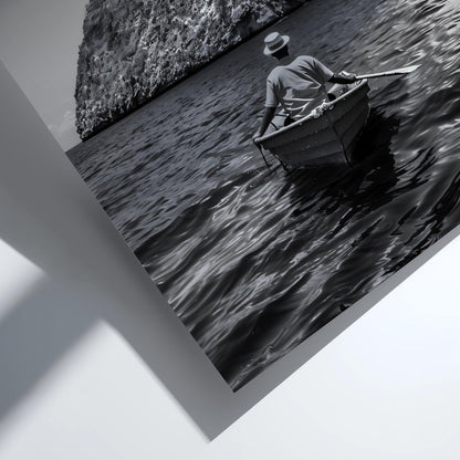 Rowboat Pyramid Rock Island Poster | Black and White Photography Print | Vintage Ocean Wall Art | Retro Adventure Travel Decor
