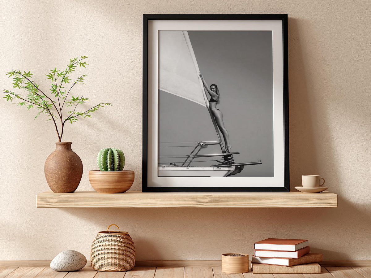 Sailboat Mast Balance Pose Poster | Black and White Photography Print | Vintage Ocean Wall Art | Retro Adventure Lifestyle Decor