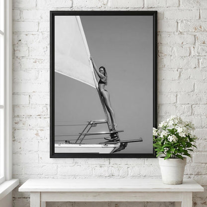 Sailboat Mast Balance Pose Poster | Black and White Photography Print | Vintage Ocean Wall Art | Retro Adventure Lifestyle Decor