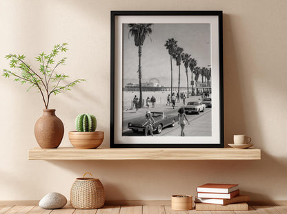 Santa Monica Beach Boardwalk Poster | Black and White Photography Print | Vintage Coastal Wall Art | Retro Travel Decor
