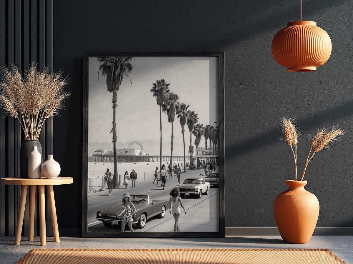 Santa Monica Beach Boardwalk Poster | Black and White Photography Print | Vintage Coastal Wall Art | Retro Travel Decor