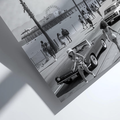 Santa Monica Beach Boardwalk Poster | Black and White Photography Print | Vintage Coastal Wall Art | Retro Travel Decor