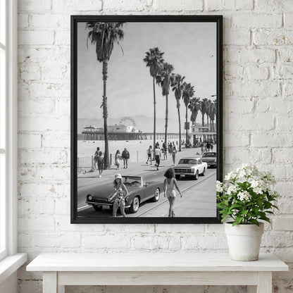 Santa Monica Beach Boardwalk Poster | Black and White Photography Print | Vintage Coastal Wall Art | Retro Travel Decor