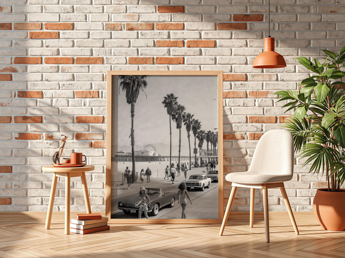Santa Monica Beach Boardwalk Poster | Black and White Photography Print | Vintage Coastal Wall Art | Retro Travel Decor