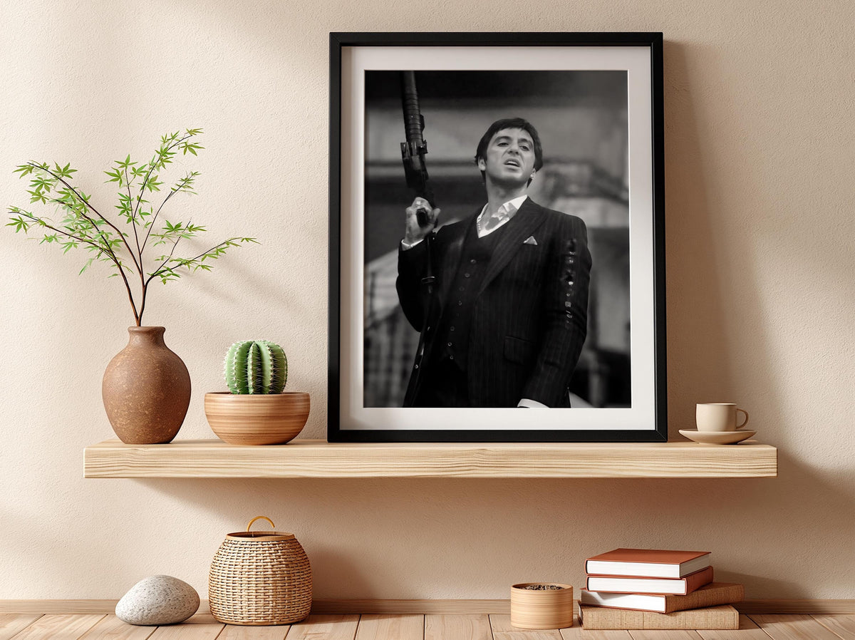 Classic Crime Shootout Scene Poster | Black and White Photography Print | Vintage Cinema Style Wall Art | Retro Drama Decor