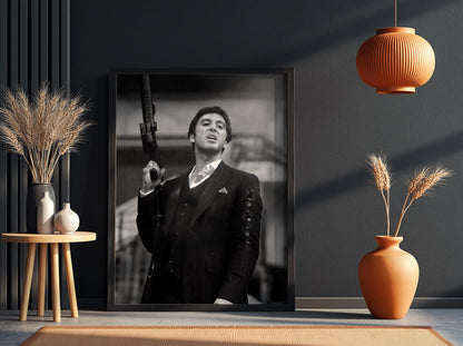 Classic Crime Shootout Scene Poster | Black and White Photography Print | Vintage Cinema Style Wall Art | Retro Drama Decor