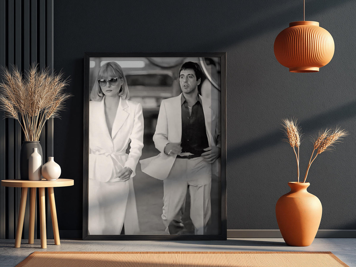 White Suits Duo Poster | Black and White Photography Print | Vintage Cinema Style Wall Art | Retro Luxury Fashion Decor
