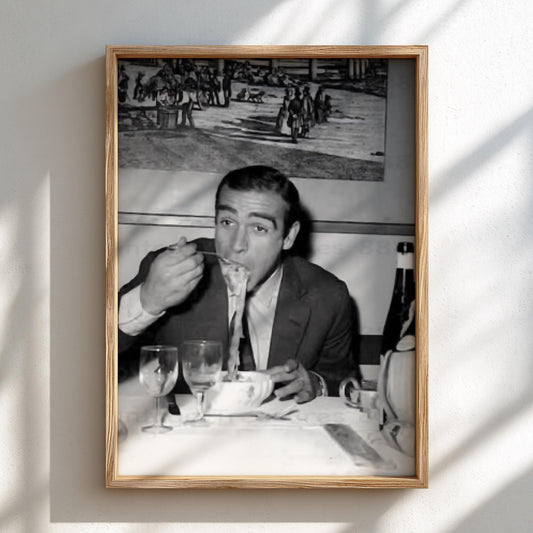 Gentleman Eating Pasta Poster | Black and White Photography Print | Vintage Lifestyle Wall Art | Retro Dining Decor