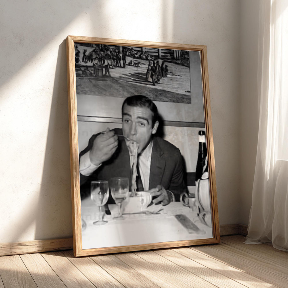 Gentleman Eating Pasta Poster | Black and White Photography Print | Vintage Lifestyle Wall Art | Retro Dining Decor