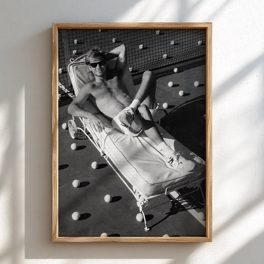 Shirtless Man Tennis Court Lounge Poster | Black and White Photography Print | Vintage Sports Lifestyle Wall Art | Retro Summer Decor