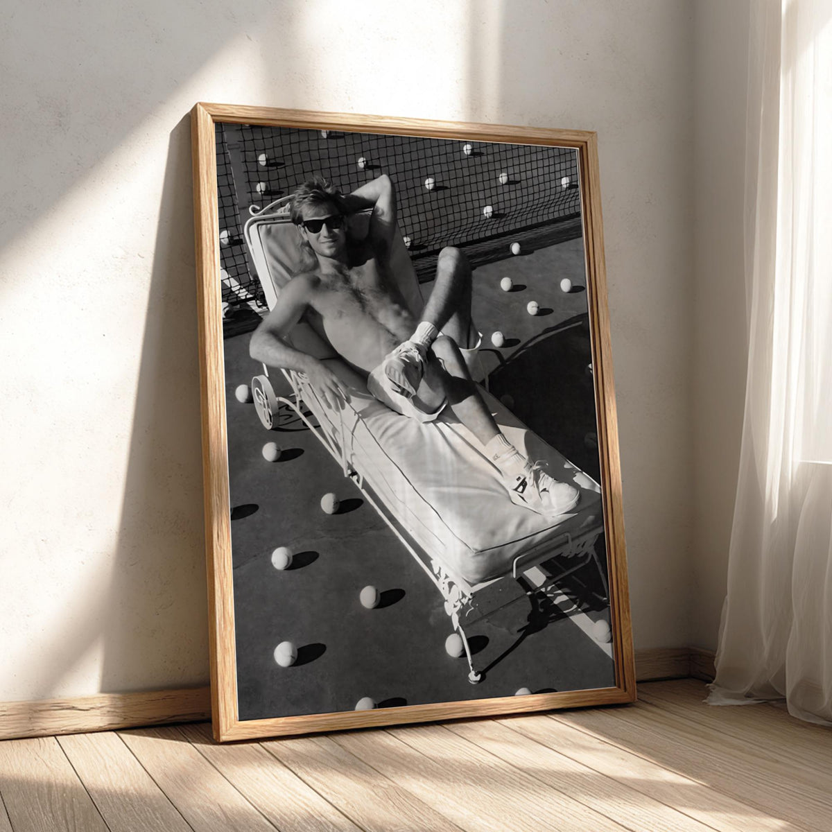 Shirtless Man Tennis Court Lounge Poster | Black and White Photography Print | Vintage Sports Lifestyle Wall Art | Retro Summer Decor