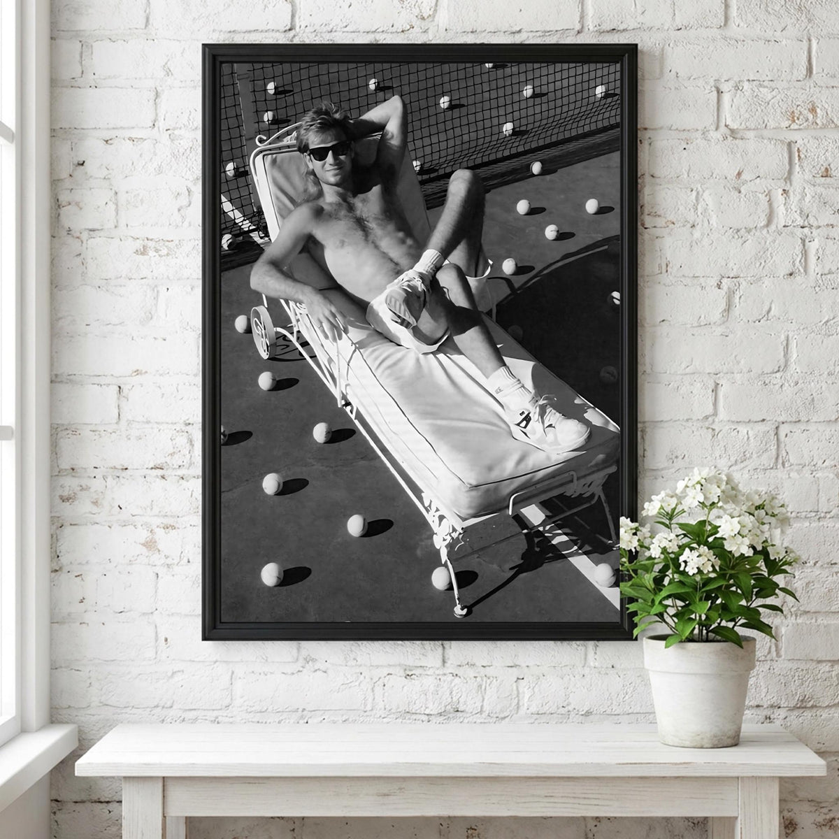 Shirtless Man Tennis Court Lounge Poster | Black and White Photography Print | Vintage Sports Lifestyle Wall Art | Retro Summer Decor