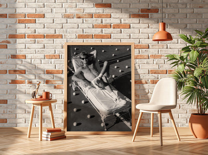 Shirtless Man Tennis Court Lounge Poster | Black and White Photography Print | Vintage Sports Lifestyle Wall Art | Retro Summer Decor