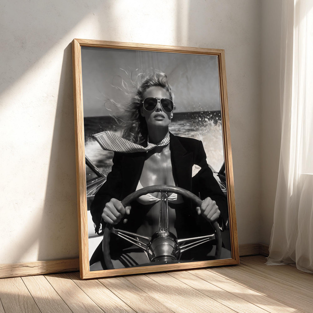Speedboat Blazer Fashion Poster | Black and White Photography Print | Vintage Luxury Lifestyle Wall Art | Retro Coastal Decor