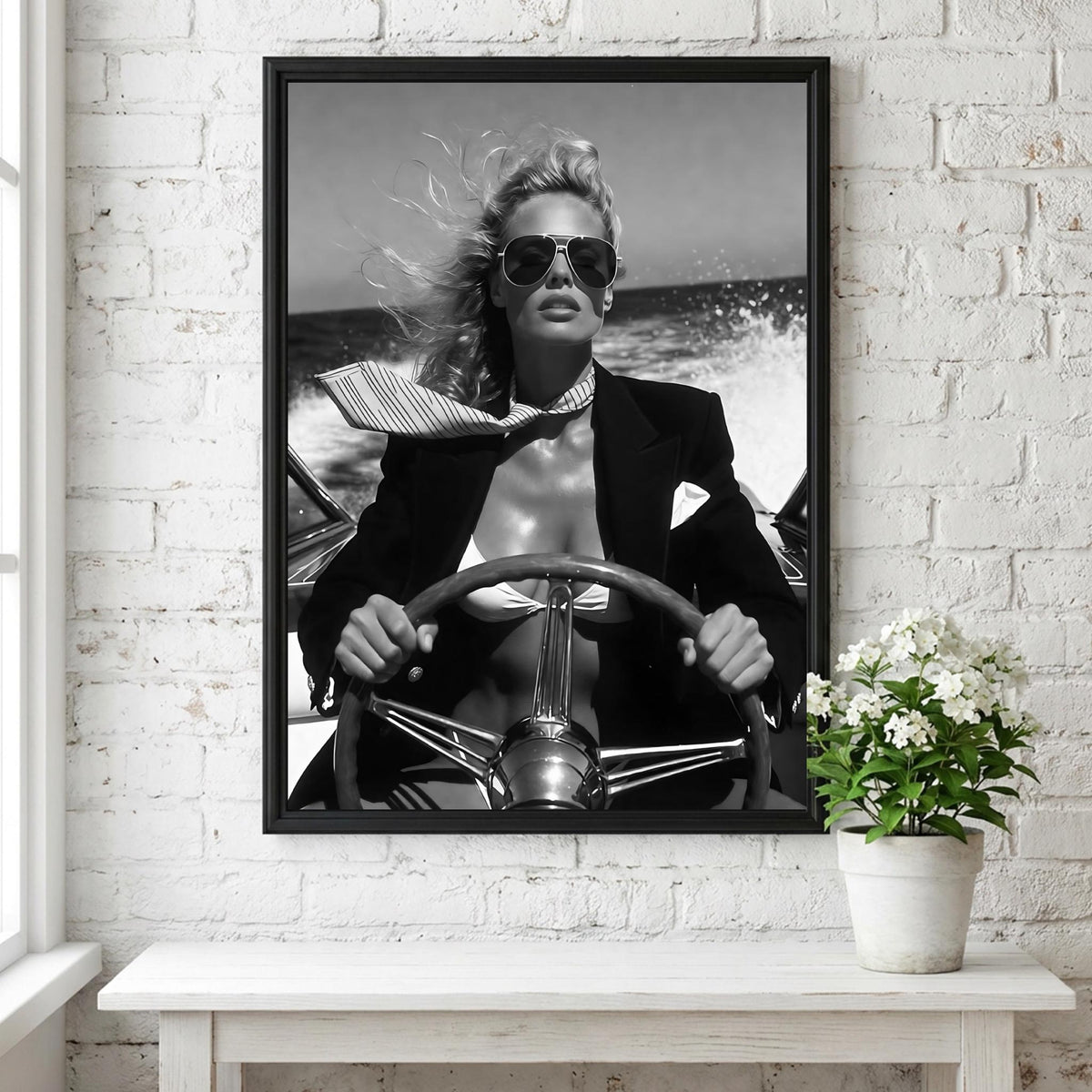 Speedboat Blazer Fashion Poster | Black and White Photography Print | Vintage Luxury Lifestyle Wall Art | Retro Coastal Decor