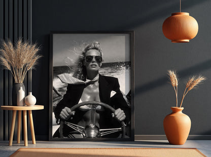 Speedboat Blazer Fashion Poster | Black and White Photography Print | Vintage Luxury Lifestyle Wall Art | Retro Coastal Decor