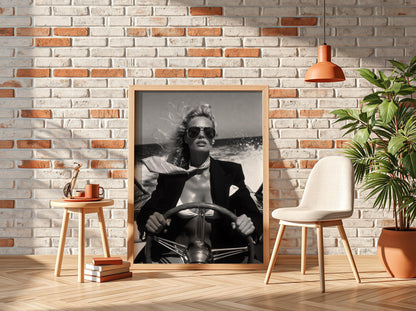 Speedboat Blazer Fashion Poster | Black and White Photography Print | Vintage Luxury Lifestyle Wall Art | Retro Coastal Decor