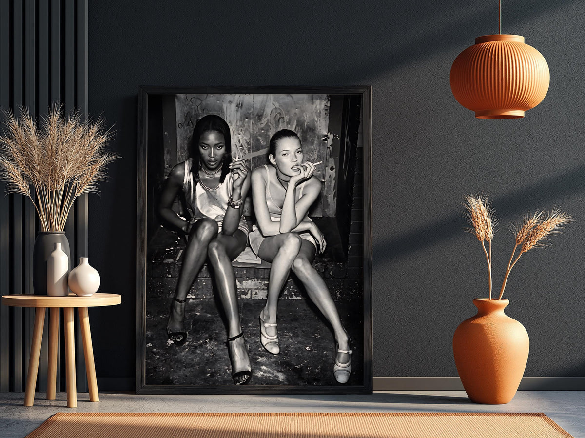 Supermodels Smoking Alley Portrait Poster | Black and White Photography Print | Vintage Fashion Wall Art | Retro Urban Decor