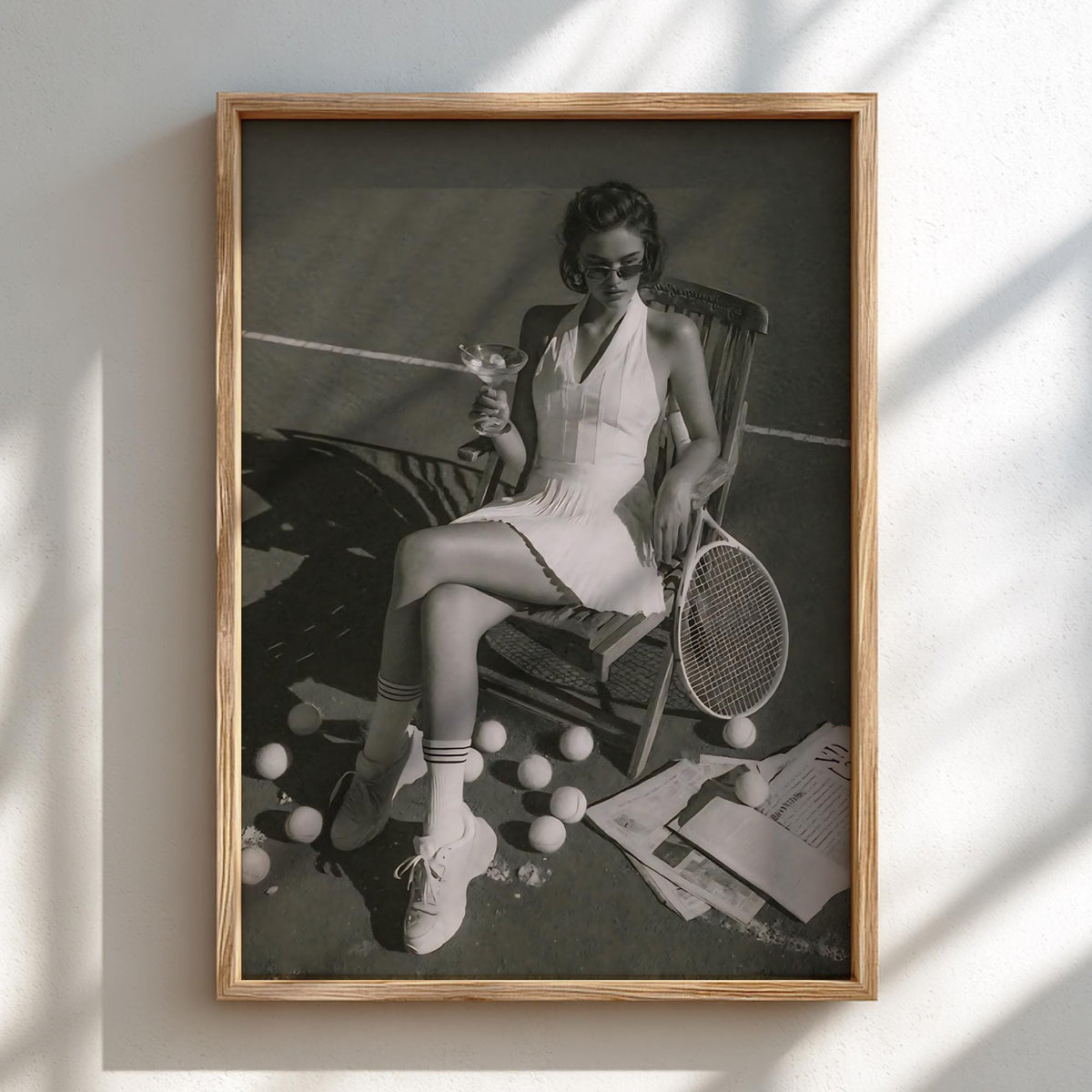 Tennis Court Martini Poster | Black and White Photography Print | Vintage Sports Lifestyle Wall Art | Retro Luxury Summer Decor