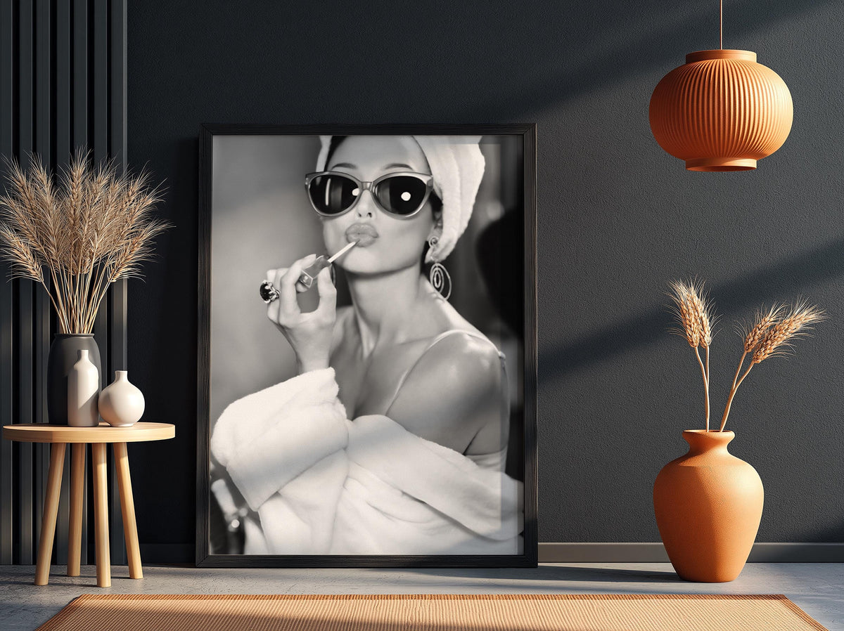 Towel Turban Sunglasses Portrait Poster | Black and White Photography Print | Vintage Beauty Wall Art | Retro Fashion Decor