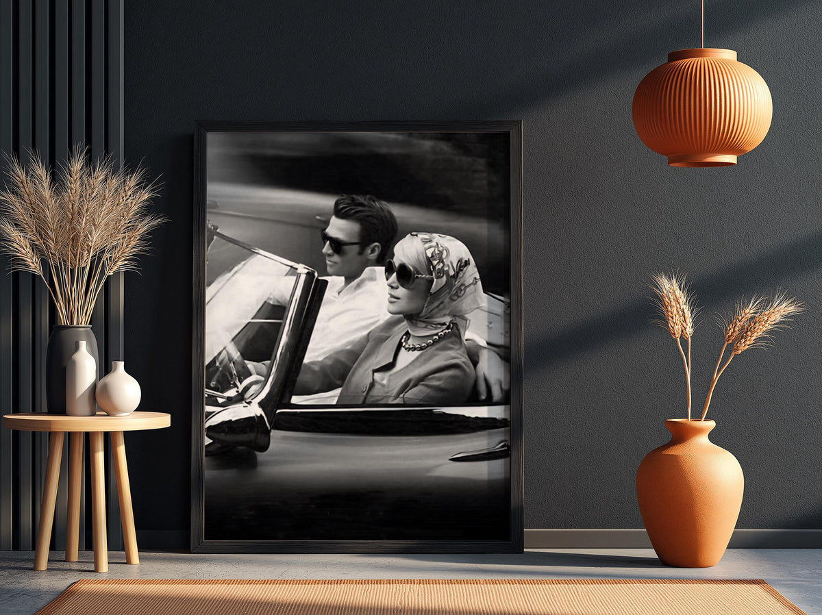 Vintage Couple Convertible Drive Poster | Black and White Photography Print | Retro Romance Wall Art | Classic Road Trip Decor
