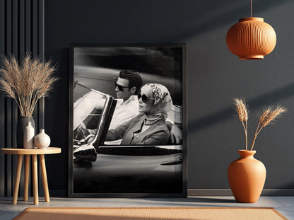 Vintage Couple Convertible Drive Poster | Black and White Photography Print | Retro Romance Wall Art | Classic Road Trip Decor