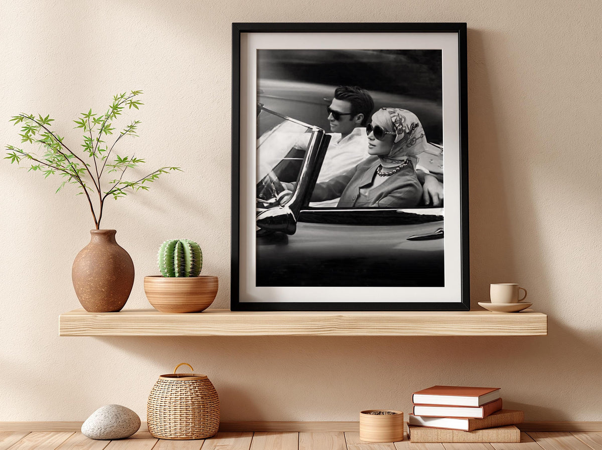 Vintage Couple Convertible Drive Poster | Black and White Photography Print | Retro Romance Wall Art | Classic Road Trip Decor