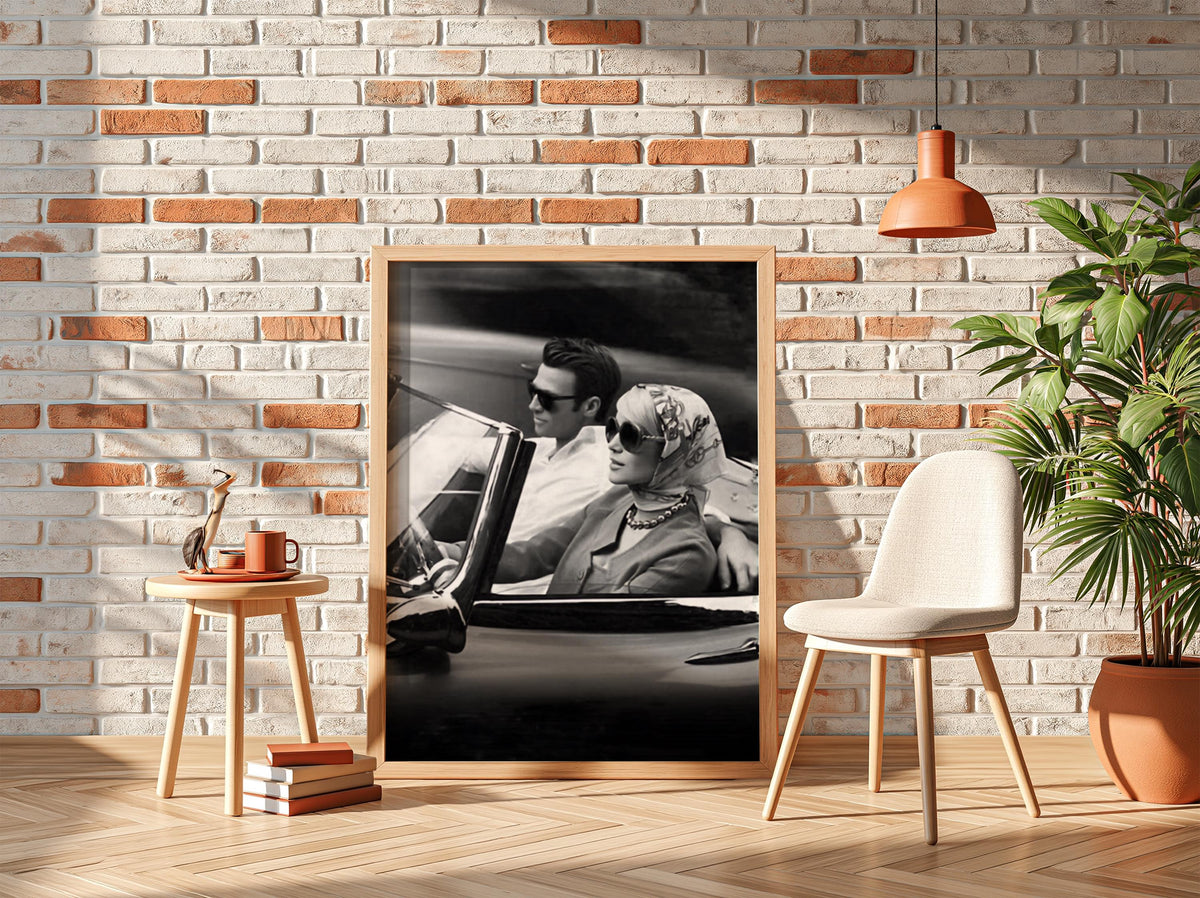 Vintage Couple Convertible Drive Poster | Black and White Photography Print | Retro Romance Wall Art | Classic Road Trip Decor