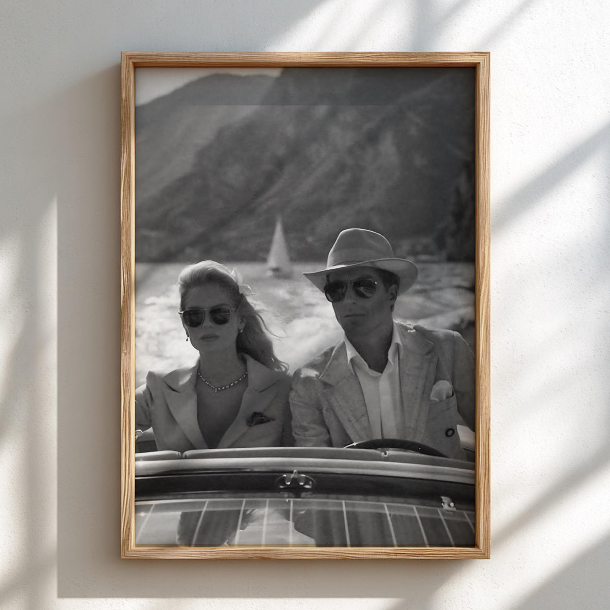 Vintage Speedboat Couple Lake Poster | Black and White Photography Print | Retro Coastal Wall Art | Classic Summer Lifestyle Decor