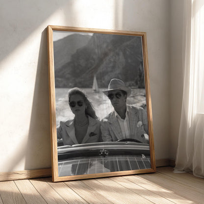 Vintage Speedboat Couple Lake Poster | Black and White Photography Print | Retro Coastal Wall Art | Classic Summer Lifestyle Decor