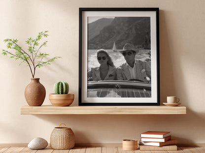 Vintage Speedboat Couple Lake Poster | Black and White Photography Print | Retro Coastal Wall Art | Classic Summer Lifestyle Decor