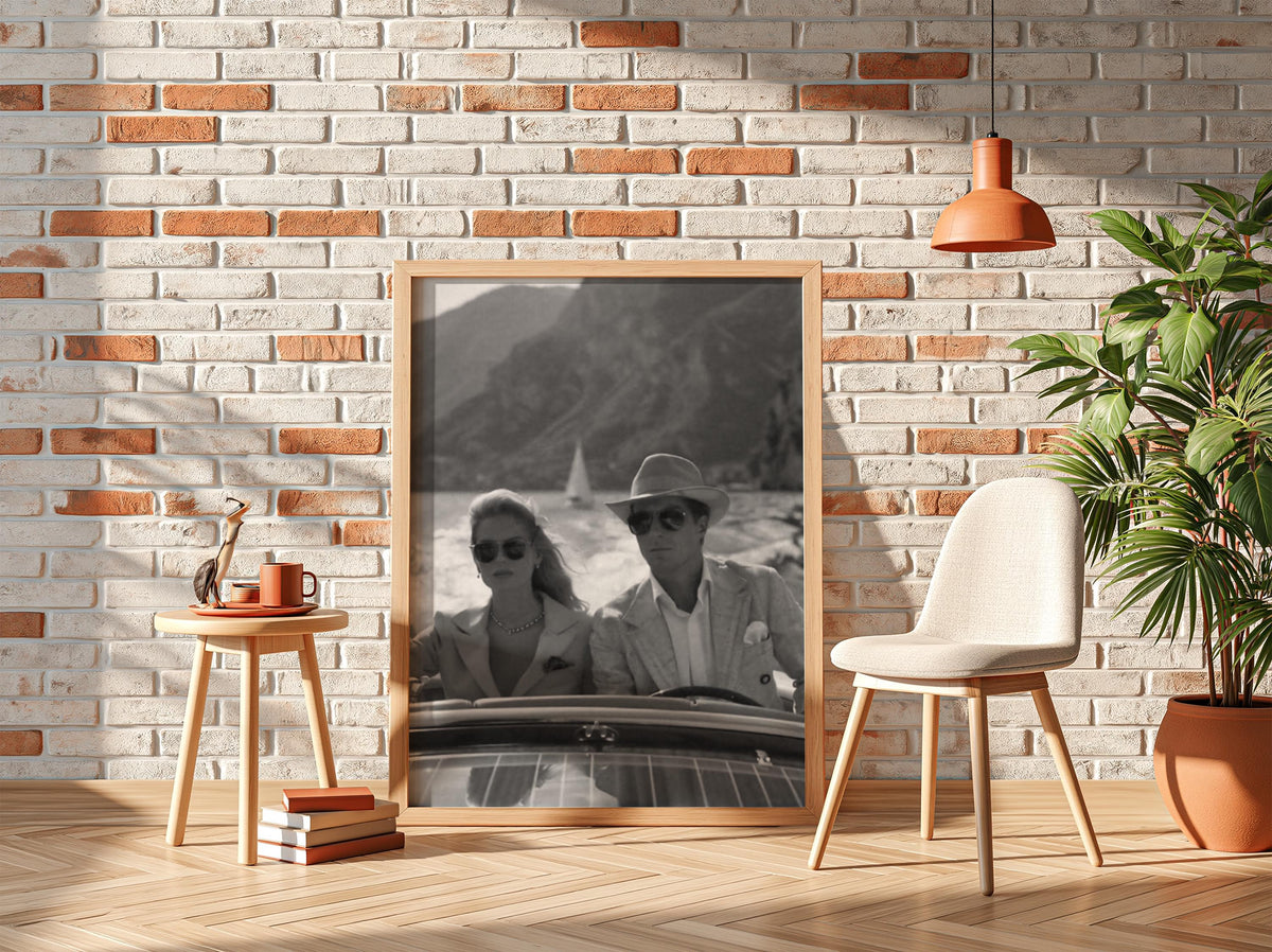 Vintage Speedboat Couple Lake Poster | Black and White Photography Print | Retro Coastal Wall Art | Classic Summer Lifestyle Decor