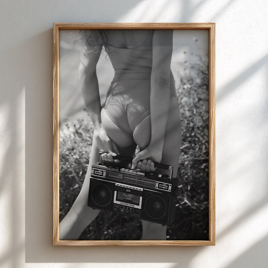 Woman Red Swimsuit Boombox Poster | Black and White Photography Print | Vintage Summer Wall Art | Retro Beach Lifestyle Decor