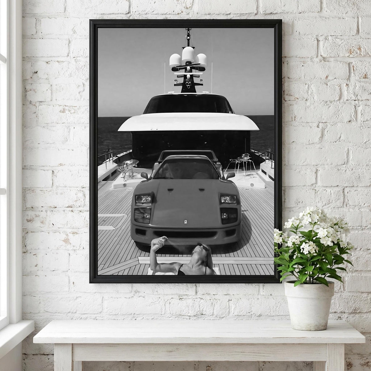 Woman Smoking By Red Sports Car Poster | Black and White Photography Print | Vintage Automotive Wall Art | Retro Lifestyle Decor