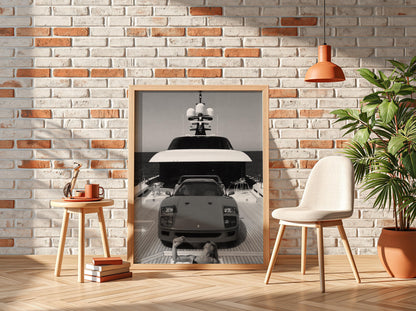 Woman Smoking By Red Sports Car Poster | Black and White Photography Print | Vintage Automotive Wall Art | Retro Lifestyle Decor