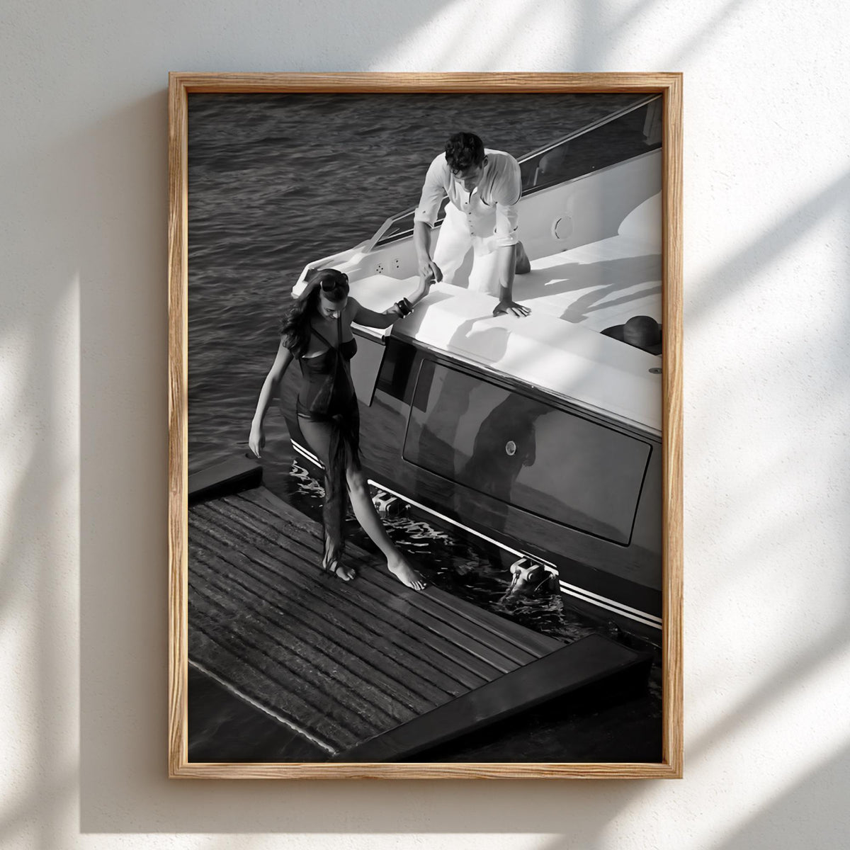 Yacht Couple Helping Hand Poster | Black and White Photography Print | Vintage Coastal Wall Art | Retro Luxury Lifestyle Decor