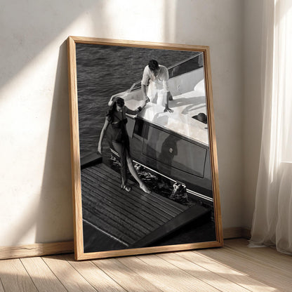 Yacht Couple Helping Hand Poster | Black and White Photography Print | Vintage Coastal Wall Art | Retro Luxury Lifestyle Decor
