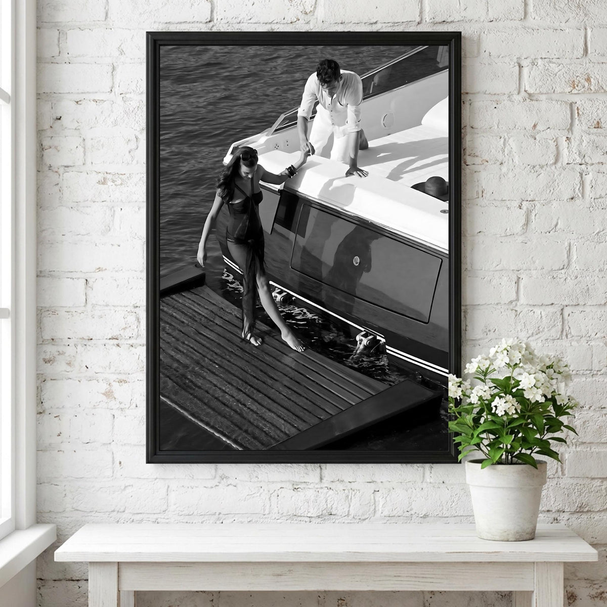 Yacht Couple Helping Hand Poster | Black and White Photography Print | Vintage Coastal Wall Art | Retro Luxury Lifestyle Decor