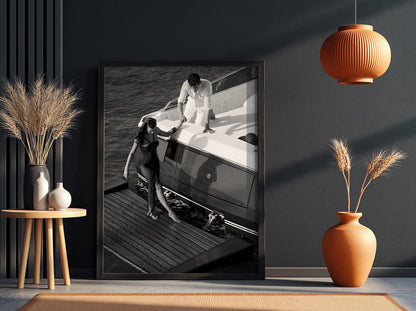 Yacht Couple Helping Hand Poster | Black and White Photography Print | Vintage Coastal Wall Art | Retro Luxury Lifestyle Decor