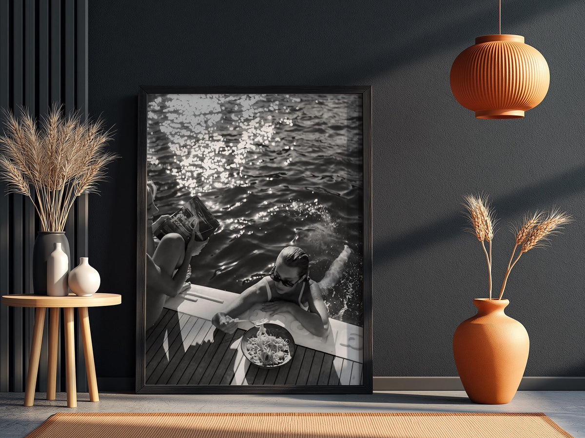 Yacht Deck Spaghetti Lunch Poster | Black and White Photography Print | Vintage Coastal Wall Art | Retro Luxury Lifestyle Decor