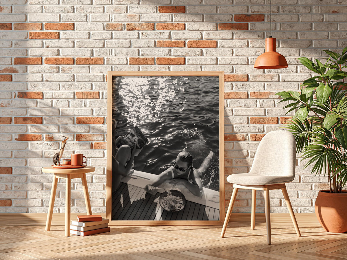 Yacht Deck Spaghetti Lunch Poster | Black and White Photography Print | Vintage Coastal Wall Art | Retro Luxury Lifestyle Decor